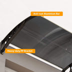 Black canopy awning showing anti-rust aluminium bar and heavy-duty PP bracket detail