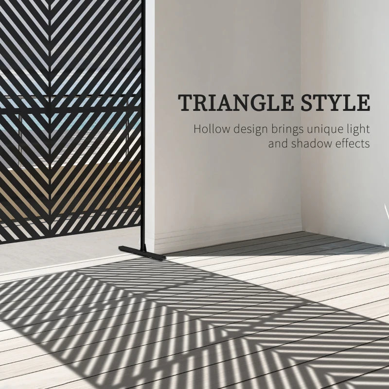 Black metal privacy screen with triangle cutout pattern and freestanding legs