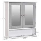 White and grey bathroom wall storage cabinet with double mirrored doors and center shelf