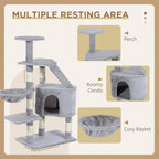Grey cat tree with perches, roomy condo, and cozy basket on multiple levels
