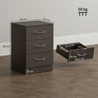 Black three-drawer bedside table with curved silver handles, side view