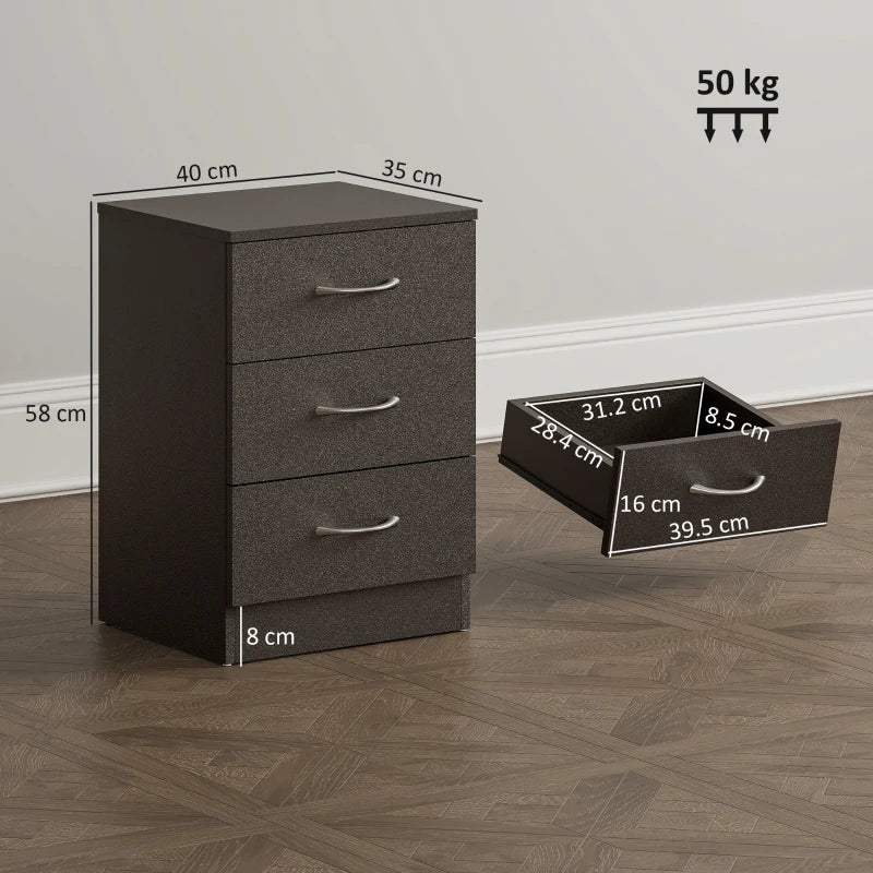 Black three-drawer bedside table with curved silver handles, side view