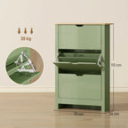 Green slim shoe cabinet, front view with open flip door and adjustable shelf