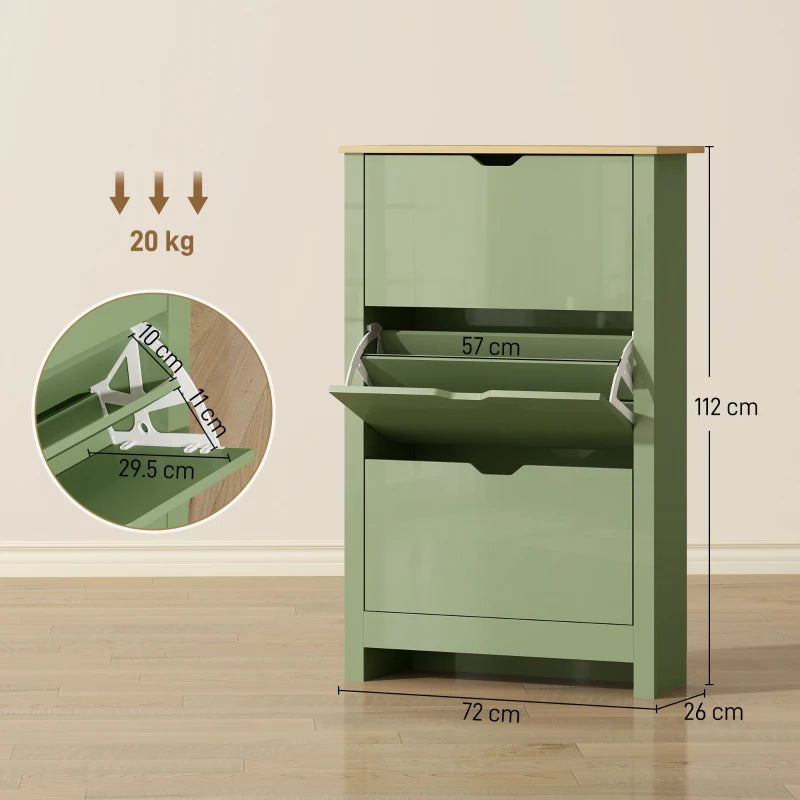 Green slim shoe cabinet, front view with open flip door and adjustable shelf