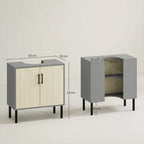 Bathroom vanity cabinet with double doors and open side view, shown with size measurements.