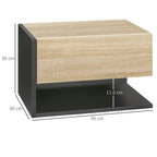 Floating bedside cabinet with oak-tone top panel and dark open storage shelf underneath