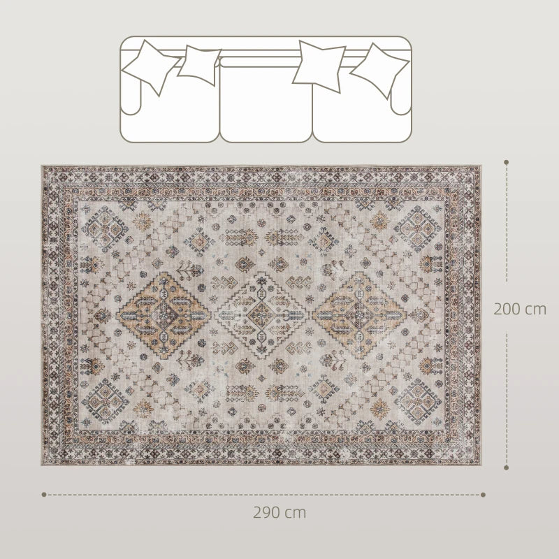 Beige vintage area rug with medallion motif and ornate border, full layout view