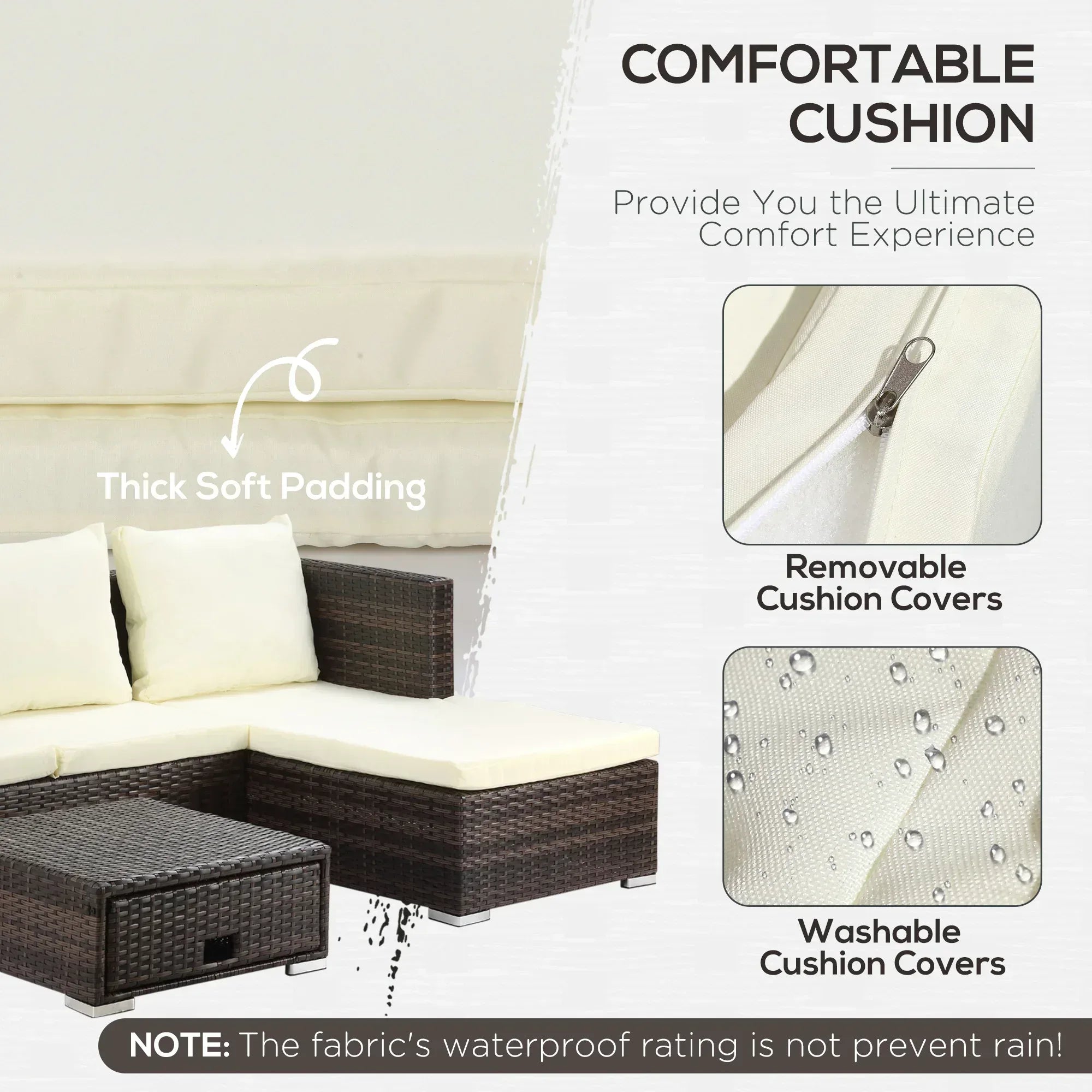 3 Pieces Rattan Garden Furniture Sofa Set, 4 Seater Garden Corner Sofa with 5-Level Reclining Sun Lounger and Storage Coffee Table, Outdoor Furniture Conservatory Set with Cushions, Brown - Bobobiy