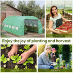 Green walk-in greenhouse tent with zip-front entrance and side planting area