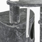 Dark grey plush condo with side entry and elevated platform supported by scratching posts