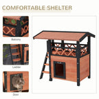 Outdoor cat house with balcony and ladder steps; front entry door in dark frame