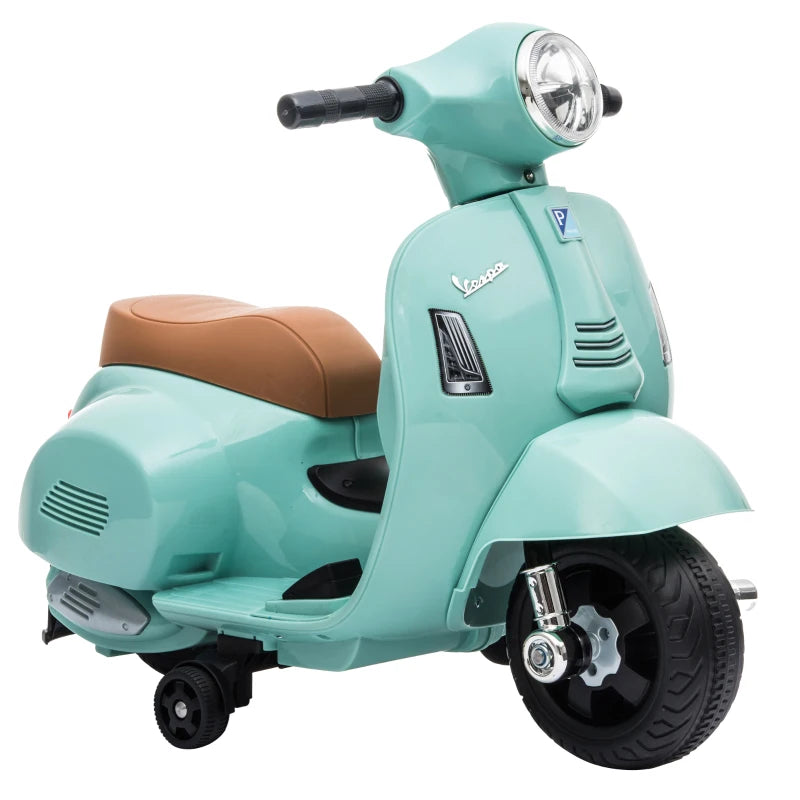 Green kids electric ride-on motorbike scooter with headlight, handlebar grips, and brown seat