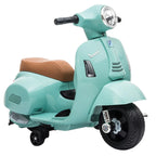 Green kids electric ride-on motorbike scooter with headlight, handlebar grips, and brown seat
