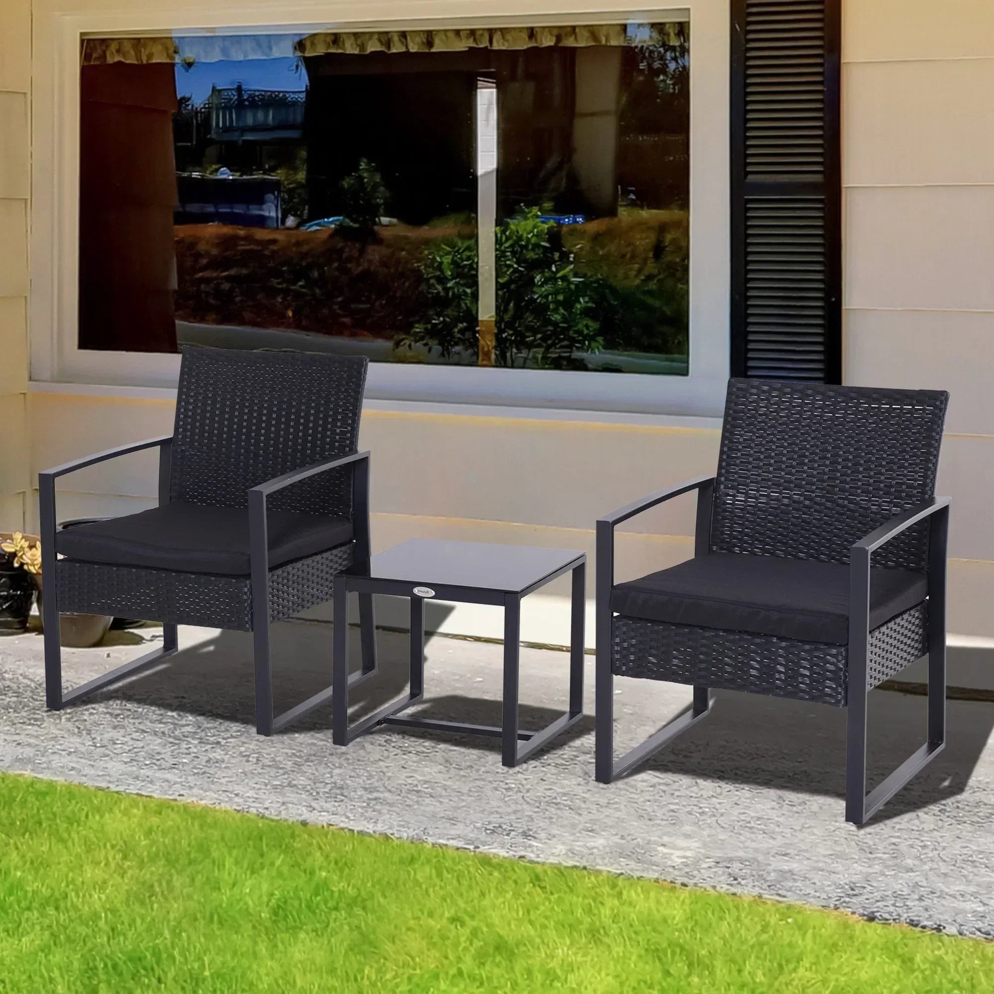 2 Seater Rattan Coffee Set-Black - Bobobiy