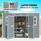 Grey resin shed with open lockable doors and organized interior shelves.