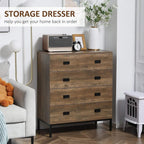 Brown four-drawer storage dresser with black handles and metal legs in a room