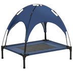 Blue elevated pet cot with removable dome canopy and breathable mesh sleeping surface
