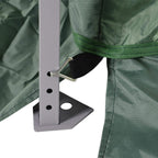 Green mesh gazebo wall corner with metal hook fastener and mounting bracket