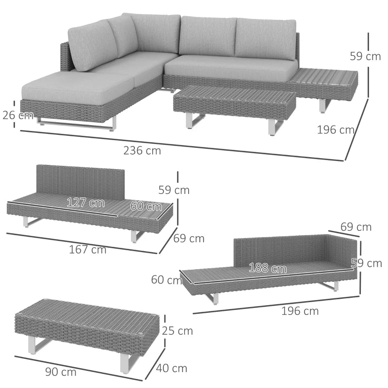 Light grey rattan sectional sofa set with cushions and woven coffee table