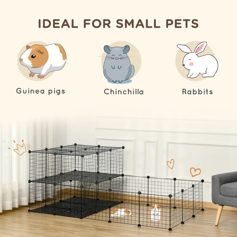 Black metal mesh pet playpen with two platforms for guinea pigs, chinchillas, and rabbits