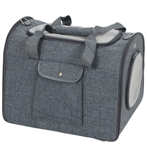 Dark grey soft-sided pet carrier bag with shoulder strap, front pocket, and mesh window