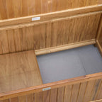 Open natural wood storage bench showing empty compartment with underside panels