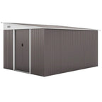Grey metal garden shed with double sliding doors and side entry panel