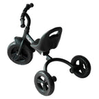 Black kids 3-wheel tricycle three-quarter view with front and side wheels