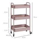 Pink three-tier steel storage trolley with three open shelves and caster wheels; 45 cm wide