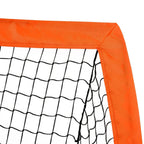 Close-up of white mesh netting attached to orange frame corner with black ties