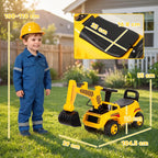 Yellow ride-on digger toy with detachable arm; child seated wearing a yellow construction helmet