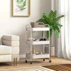 White three-tier storage trolley on wheels with open shelves for organizing items