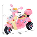 Pink kids electric ride-on motorcycle toy with labeled dimensions and front wheel