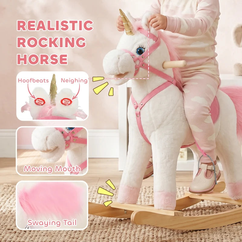 White plush unicorn rocking horse with pink bridle, horn, and fluffy pink tail
