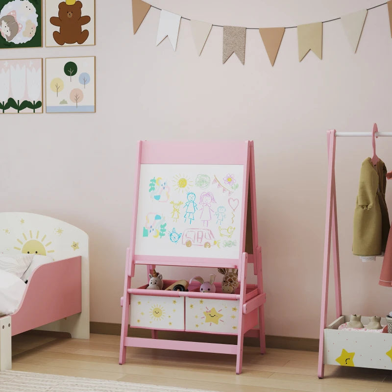 Pink kids easel with whiteboard panel and two front storage boxes