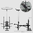 Adjustable weight bench and power rack with pulley system, shown in size diagram