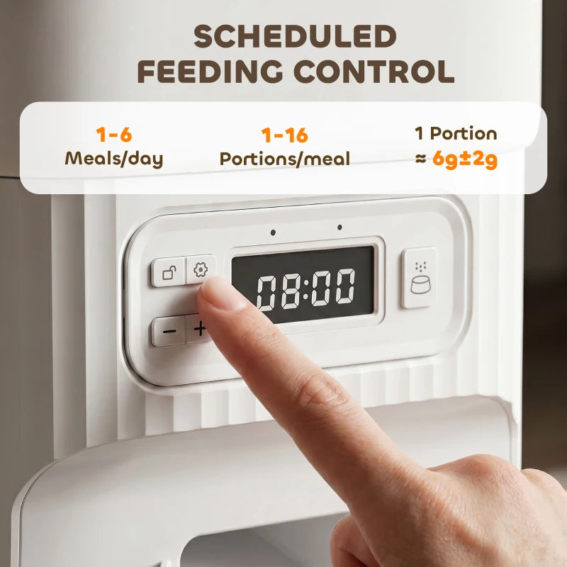 White automatic cat feeder with LCD timer screen and finger pressing control buttons