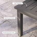 Corner view of outdoor coffee table with slatted top, aluminum frame, protective foot pads