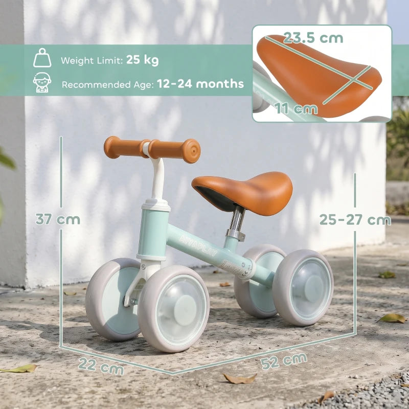 Green toddler balance bike with orange seat and four silent EVA wheels, adjustable height