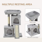 Grey cat tree with multiple resting areas, top perch, enclosed condos, and sisal scratch panel