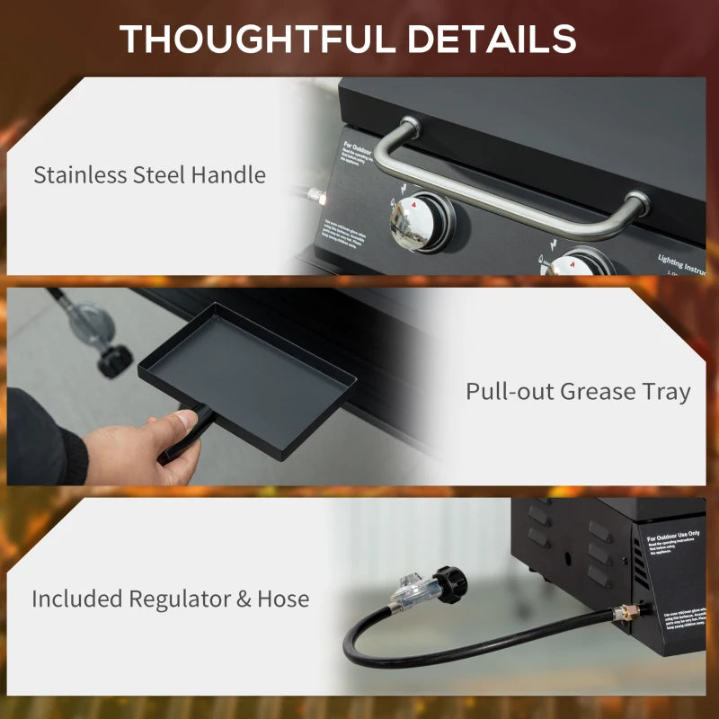 Black tabletop gas grill showing handle, pull-out grease tray, and regulator hose connection