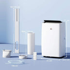 Cream white portable air conditioner shown with included exhaust hose parts