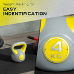 Gray and yellow 4 kg kettlebell showing 4 KG label on the front