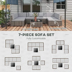 Grey rattan 7-piece sofa set layout diagram with corner sofas and coffee table.