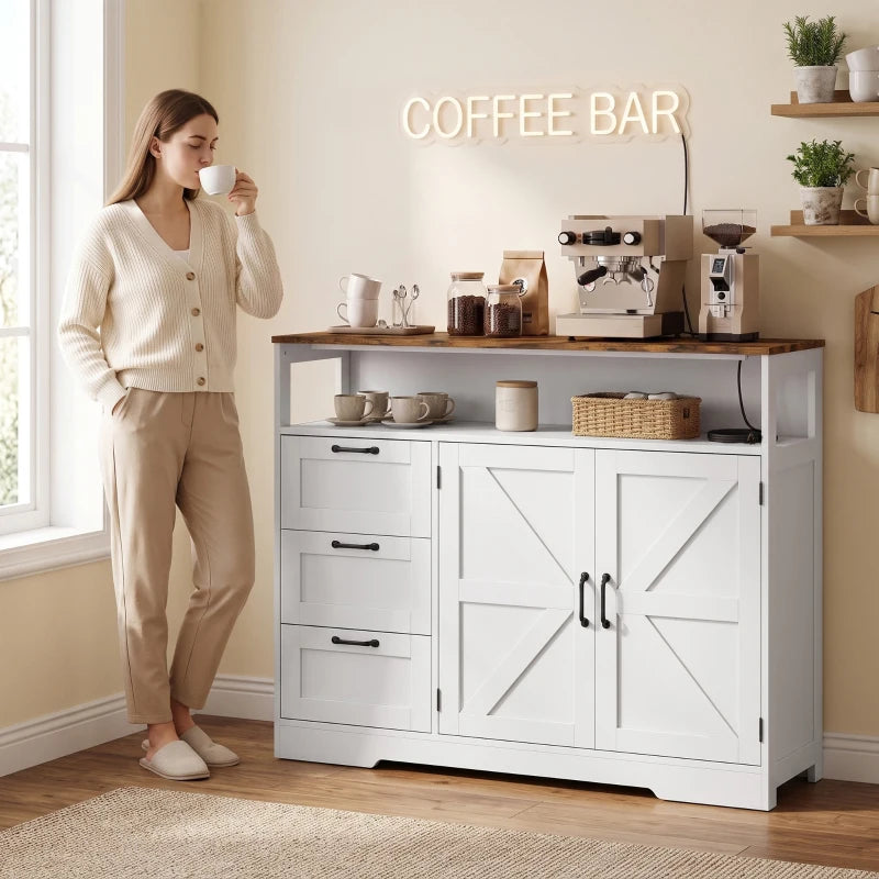 White kitchen sideboard with open shelf, three drawers, and double barn-style doors