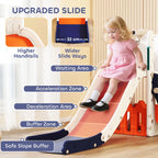 Kids orange slide set with navy end panel, showing safety zones