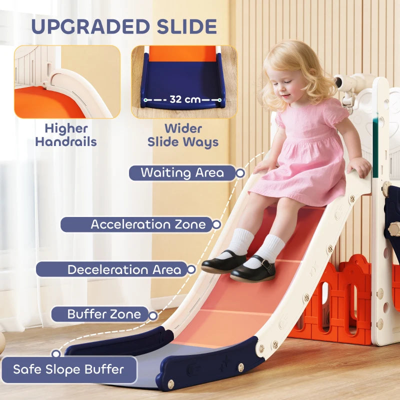 Kids orange slide set with navy end panel, showing safety zones