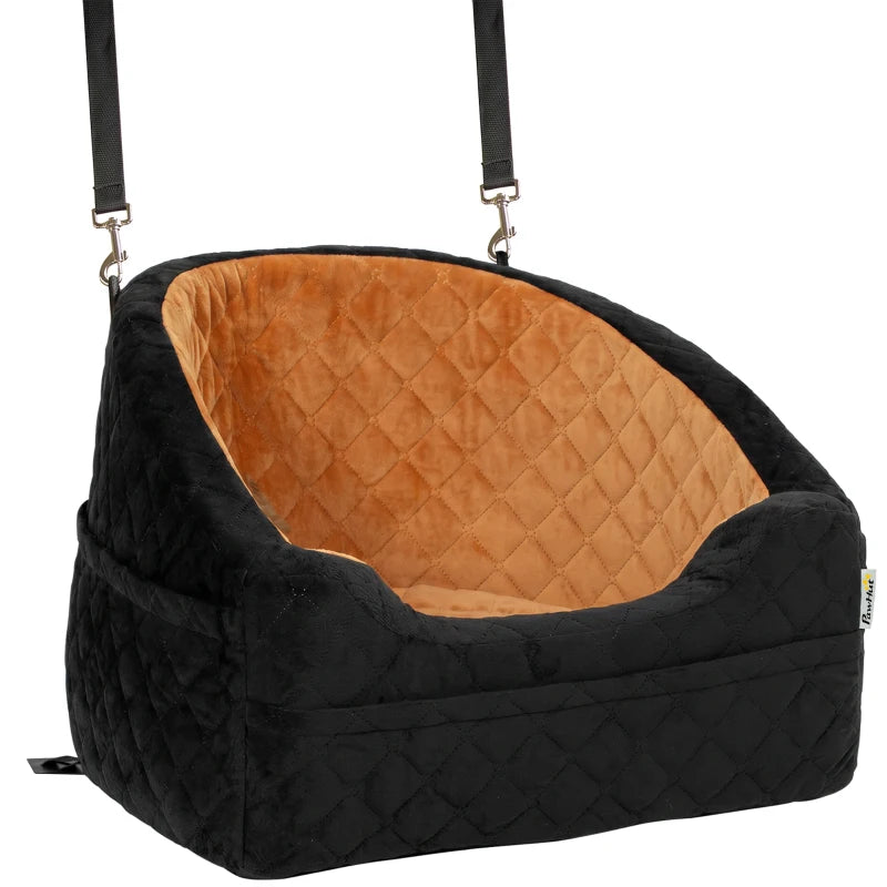 Brown and black dog car booster seat with thick quilted cushion and seat belt straps