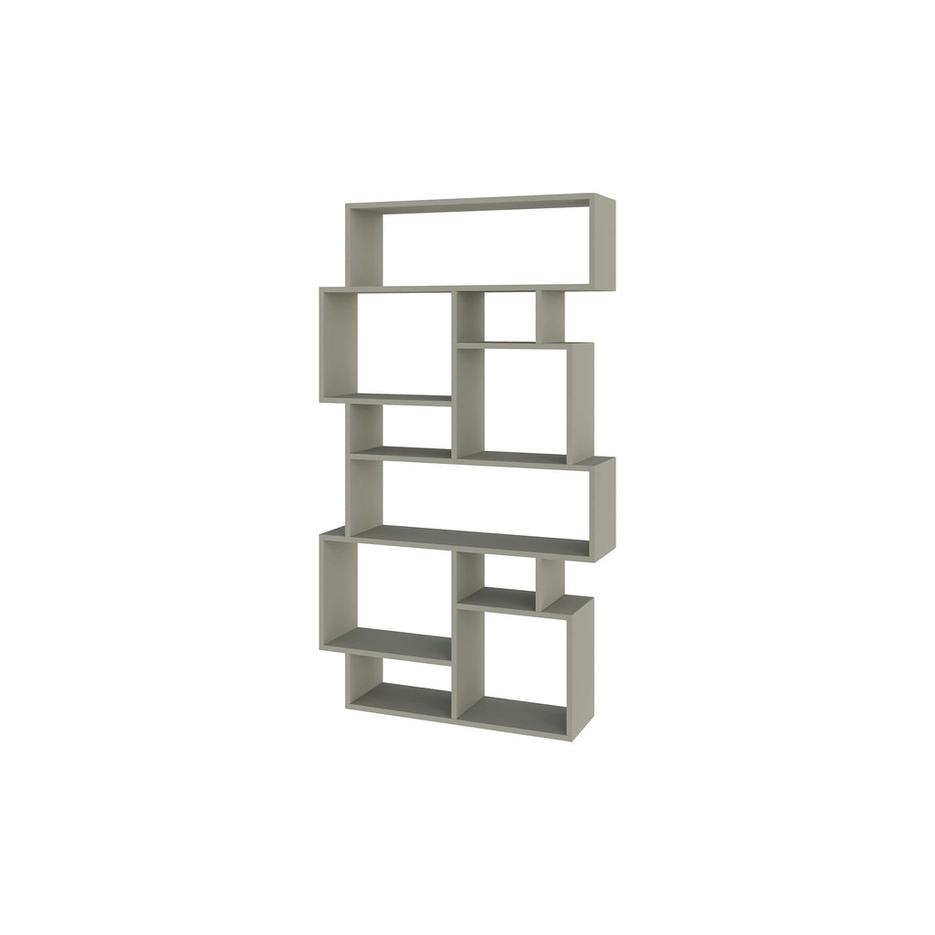 Tall modern bookcase display unit with open geometric cubby compartments, white finish
