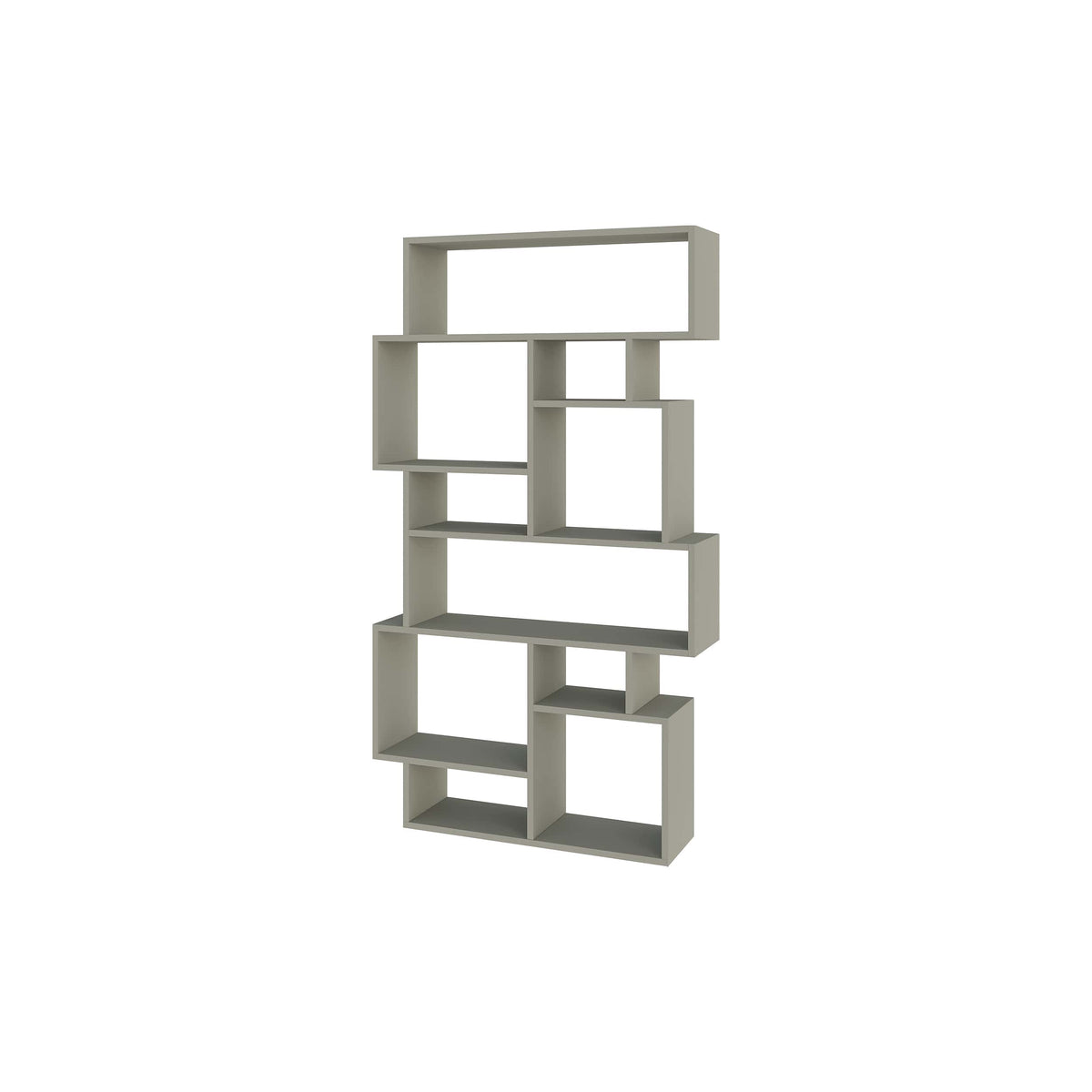 Tall modern bookcase display unit with open geometric cubby compartments, white finish